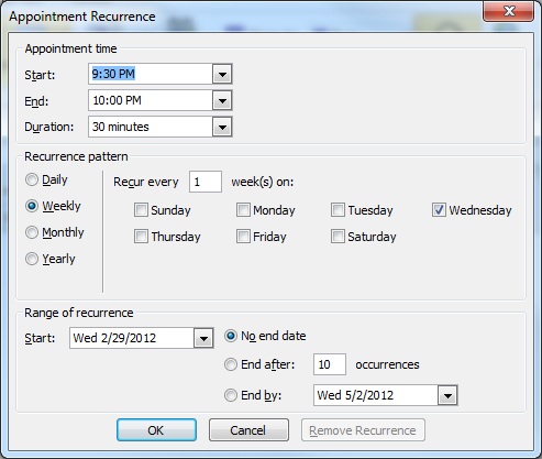 Appointment Recurrence window