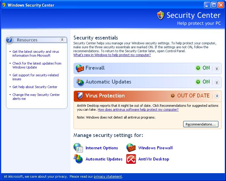 Security Center Anti-Virus Out-of-Date