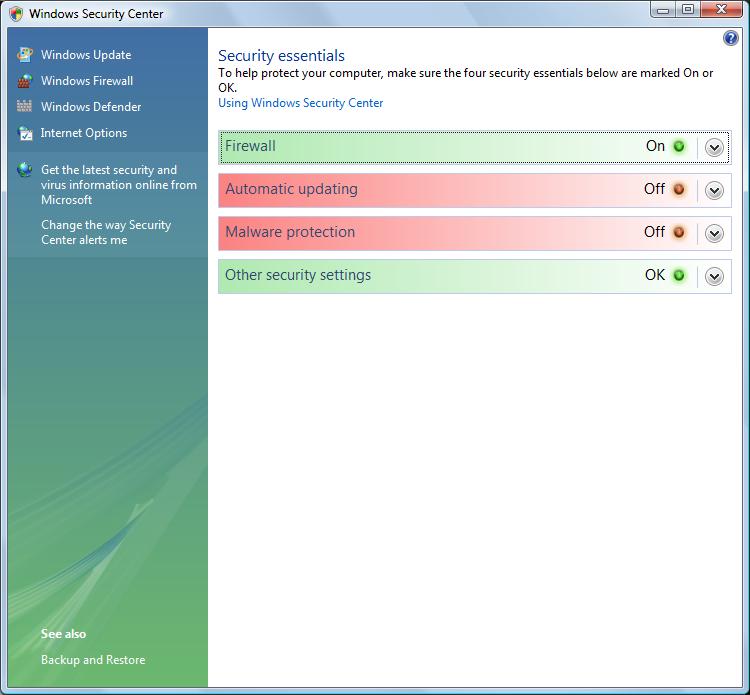 Security Center Automatic Updating, Malware Protection Off