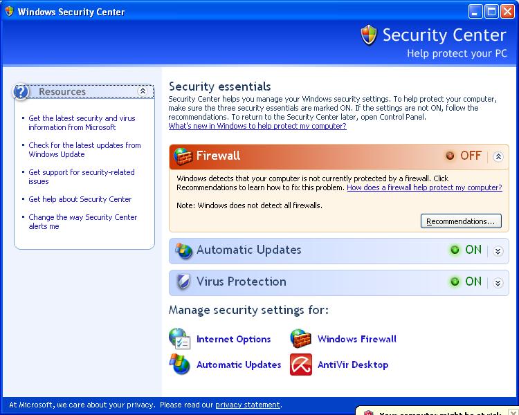 Security Center Firewall Off
