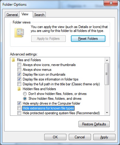 Viewing File Extensions In Windows 7 Explorer