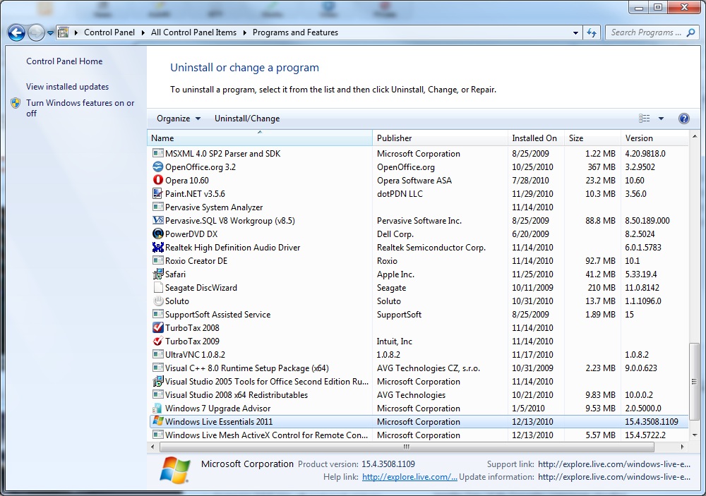 Select Windows Live Essentials 2011