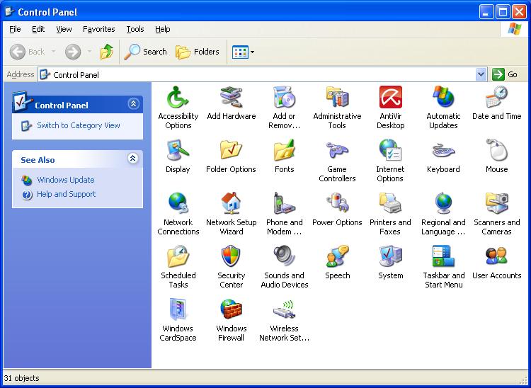 Panel sterowania z punktu widzenia kategorii systemu Windows XP